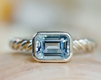 14k Sky Blue Topaz Ring, Sky Blue Topaz, Emerald Cut Blue Topaz, Emerald East West Ring, East West Emerald Cut, Bezel Setting, Stacking Ring