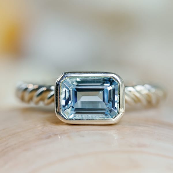 14k Sky Blue Topaz Ring, Sky Blue Topaz, Emerald Cut Blue Topaz, Emerald East West Ring, East West Emerald Cut, Bezel Setting, Stacking Ring