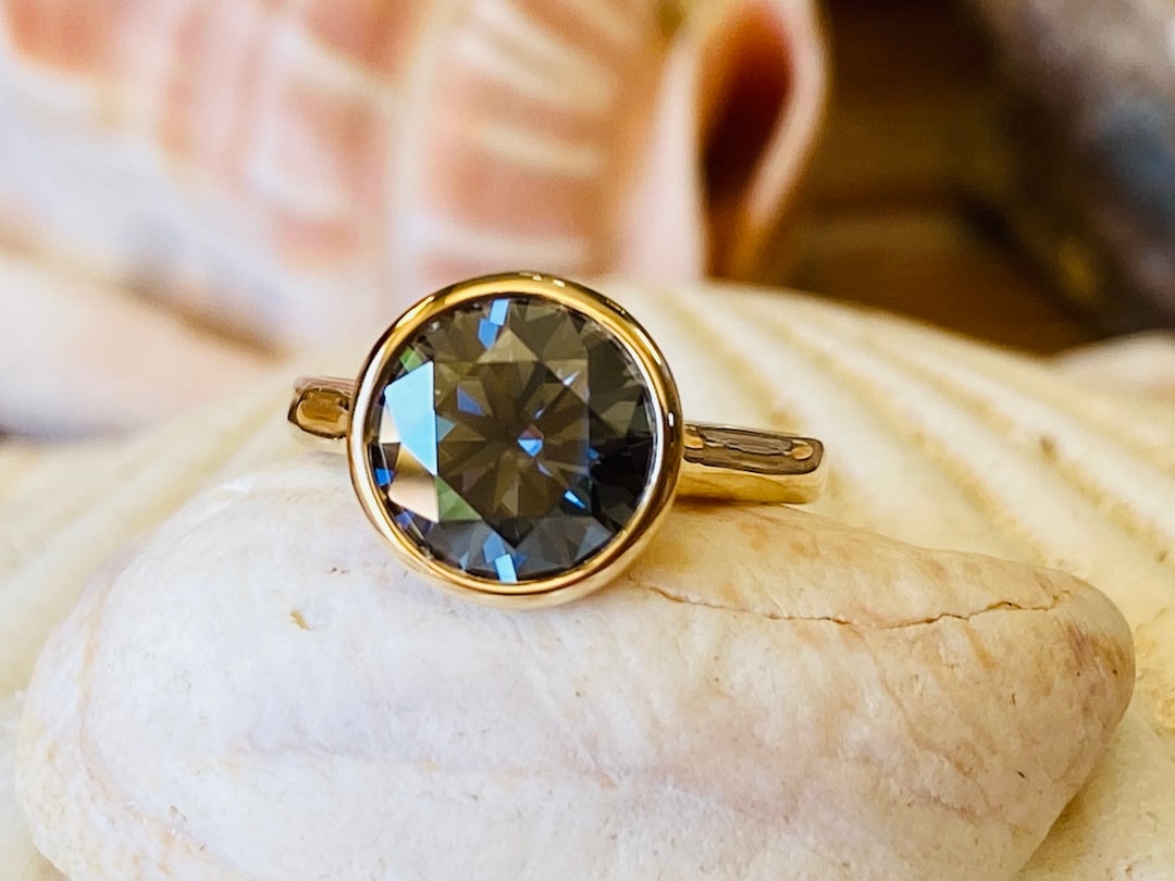 Gray Moissanite Engagement Ring, Round Moissanite Solitaire