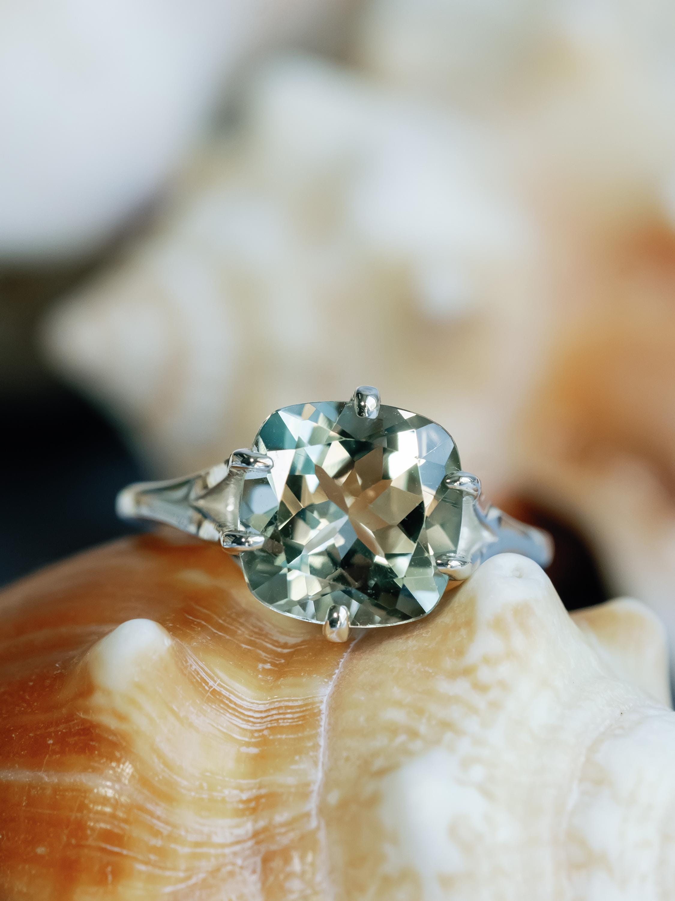 14k Prasiolite Ring, Green Amethyst Ring, Cushion Cut Prasiolite Ring, Prasiolite Solitaire Ring, Solitaire Setting, Compass Prongs