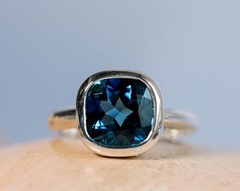 14k London Blue Topaz Cushion Cut Ring, Bezel Ring, Statement Ring, Sterling Silver