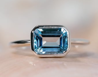 14k Blue Topaz Ring, Sky Blue Topaz Ring, Emerald Cut Blue Topaz, 2.00ct Emerald Cut Topaz Ring, East West Ring, East West Emerald Cut