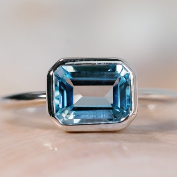 14k Blue Topaz Ring, Sky Blue Topaz Ring, Emerald Cut Blue Topaz, 2.00ct Emerald Cut Topaz Ring, East West Ring, East West Emerald Cut