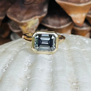 Gray Moissanite Engagement Ring, Emerald Cut Moissanite Solitaire Engagement Ring, Bezel Set Moissanite Engagement Ring, 4.00ct Moissanite