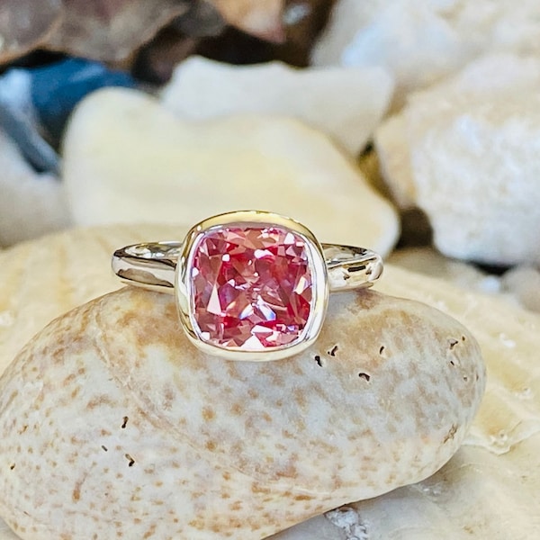 14k Padparadscha Sapphire Ring, Cushion Cut Sapphire Ring, 2.00ct Pink Sapphire Ring, Pink Sapphire Bezel Ring, Padparadscha Sapphire Ring