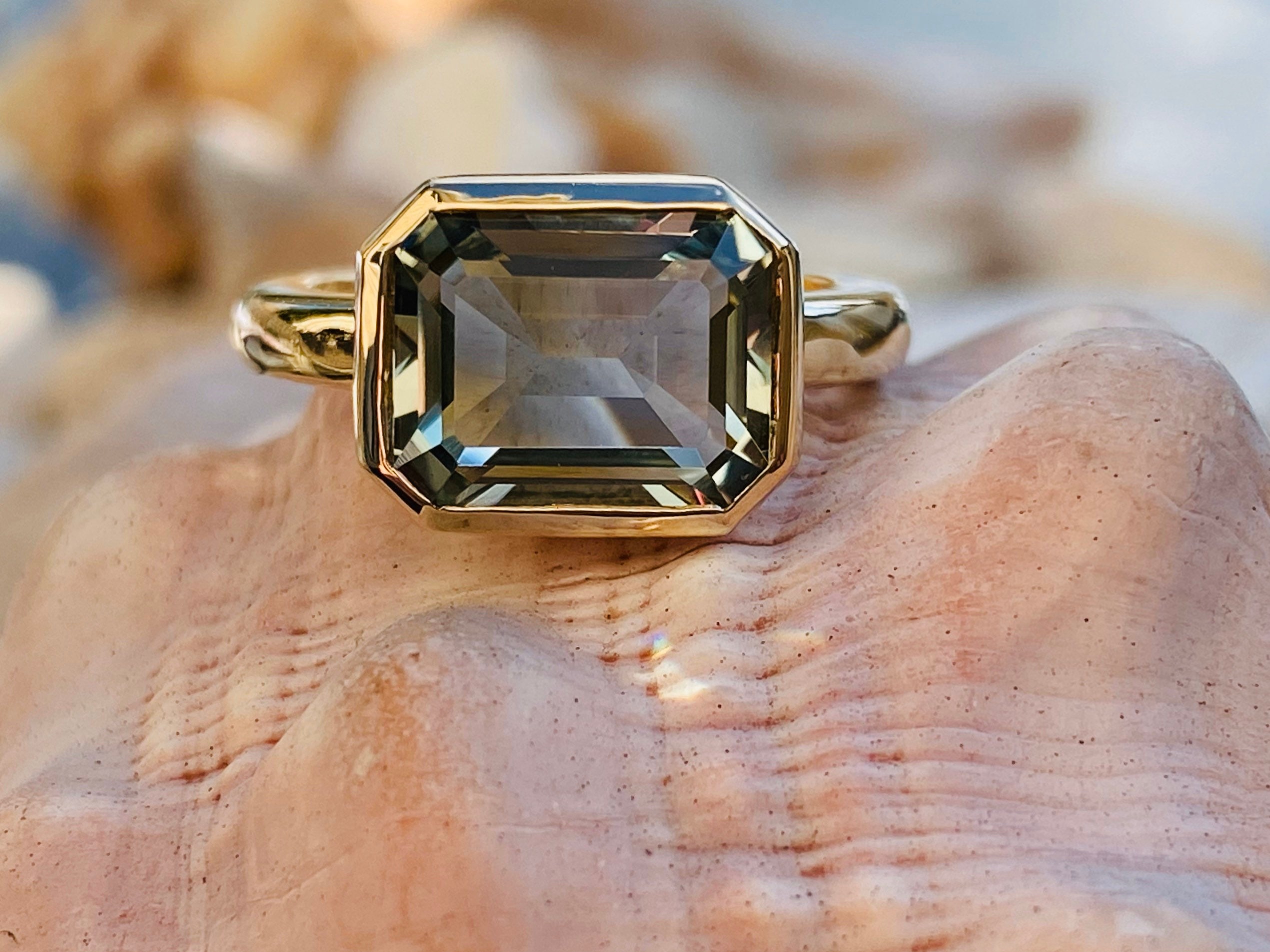 Prasiolite Ring, Green Amethyst Ring, Emerald Cut Prasiolite Ring