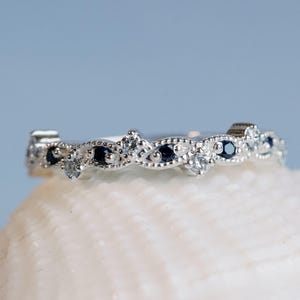 Art Deco Lab Diamond and Sapphire Wedding Band: 14k Gold Stackable Ring