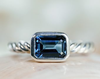 14k Emerald Cut London Blue Topaz Ring, Blue Topaz East West Ring, East West Emerald Cut, Bezel Setting, Stacking Ring