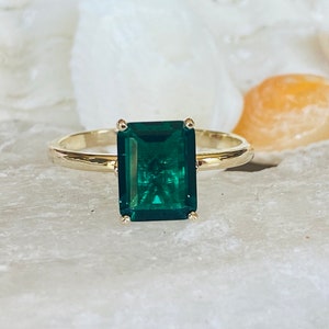 14k Gold Emerald Ring, Emerald Engagement Ring, Emerald Cut Engagement Ring, Emerald Solitaire Ring, May Birthstone