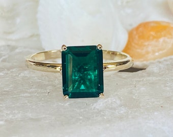 14k Gold Emerald Ring, Emerald Engagement Ring, Emerald Cut Engagement Ring, Emerald Solitaire Ring, May Birthstone