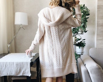 Oversize Cardigan Cable Knit Beige Coat Knitwear Jacket Long Cardigan Beige Crochet Coat Chunky knitwear Homewear Gift for mom Mothers day