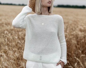 White mohair sweater, Oversized sweater, Pastel off shoulder top, See through top, Wedding cardigan, Sheer sweater, Crochet knit sweater