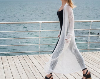 Sheer White Cotton Knit Cardigan, Boho Beach Cover Up