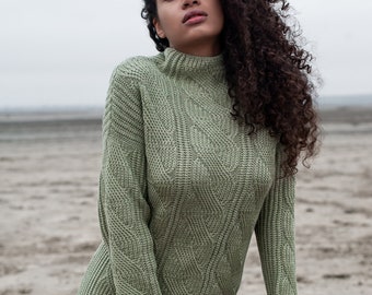 Maglione di lana verde, maglione in maglia, top in maglia color oliva, felpa in maglia di cavo, abbigliamento autunnale colore verde chiaro, maglione accogliente collo alto