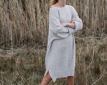 Grå klänning med båtringning för kvinnor, Grå knälång, stickad ullklänning, vinter- och vårmode, Stor lång tröja