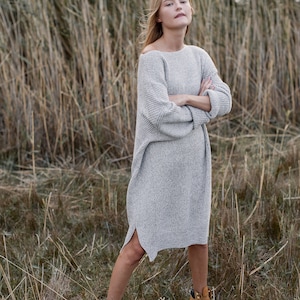 Graue Boot Hals Kleid für Frauen, grau Knielänge, Kleidung stricken Wolle Kleid, Winter Frühling Mode, Oversize langen Pullover