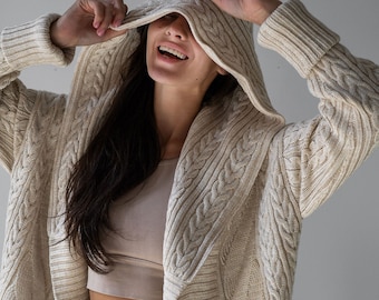 Oversize Cardigan, Cable Knit, Beige Coat, Knitwear Jacket,Long Cardigan, Beige Crochet Coat, Chunky knitwear. Homewear.