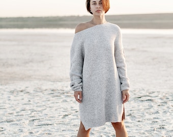 Grey boat neck dress for women, Gray knee length, clothing knit wool dress, winter spring fashion, Oversize long sweater