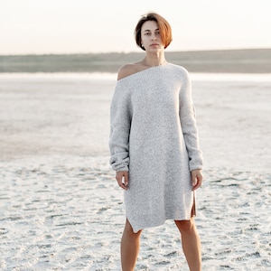 Graue Kleid mit U-Boot-Ausschnitt für Frauen, Kleidung Strickwolle Kleid, Winter Frühlingsmode, Lange Oversize Pullover