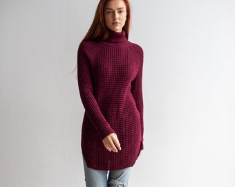 Dark red sweater, Pastel sweater, Crochet knit slouchy maroon sweater, Turtleneck sweater, Women long sweater, Oversized women’s sweater