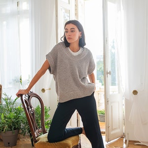 Chaleco de punto gris Chaleco holgado con cuello en V Suéteres para mujer Chaleco de punto para mujer Suéter holgado Chaleco de gran tamaño para mujer