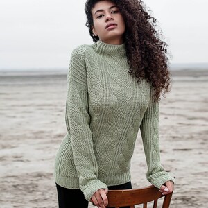 Green Wool sweater, knit jumper, Olive colour knitted top, Cable Knit sweatshirt, Light green color fall clothing, High Neck cozy sweater Olive green