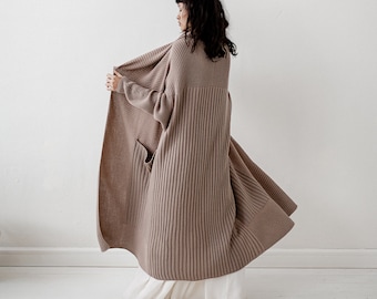 Beige Oversized cardigan, Long knit cardigan for women, Wool chunky cardigan