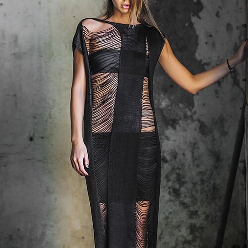 ripped dress black Gothic Punk Irregular Black Ripped Dress with Long Gloves