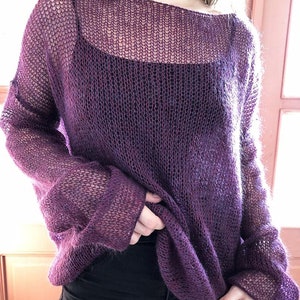 Mohair sweater, Loose knit jumper, Light oversize pullover, Sheer off shoulder sweater, See through clothing, Gift for mom, Mothers day gift Purple