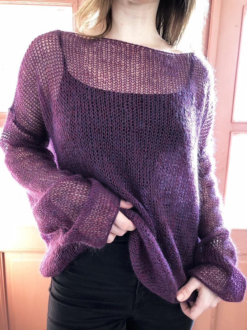 Mohair sweater, Loose knit jumper, Light oversize pullover, Sheer off shoulder sweater, See through clothing, Gift for mom, Mothers day gift Purple