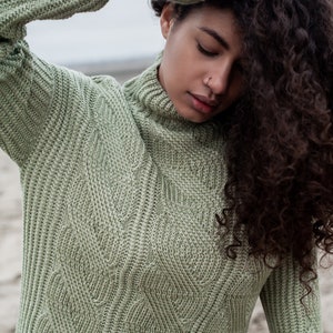 Green Wool sweater, knit jumper, Olive colour knitted top, Cable Knit sweatshirt, Light green color fall clothing, High Neck cozy sweater image 4