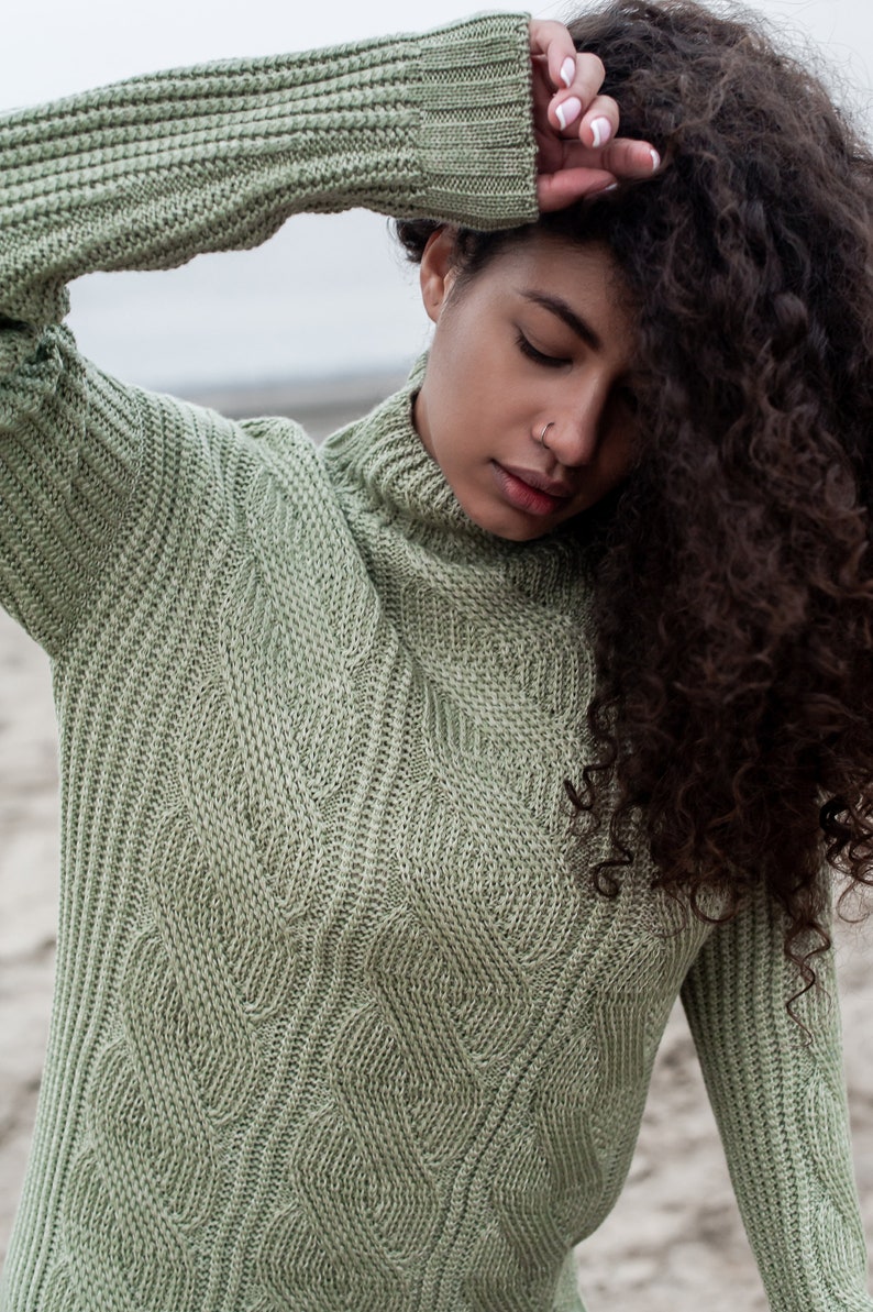 Green Wool sweater, knit jumper, Olive colour knitted top, Cable Knit sweatshirt, Light green color fall clothing, High Neck cozy sweater image 4