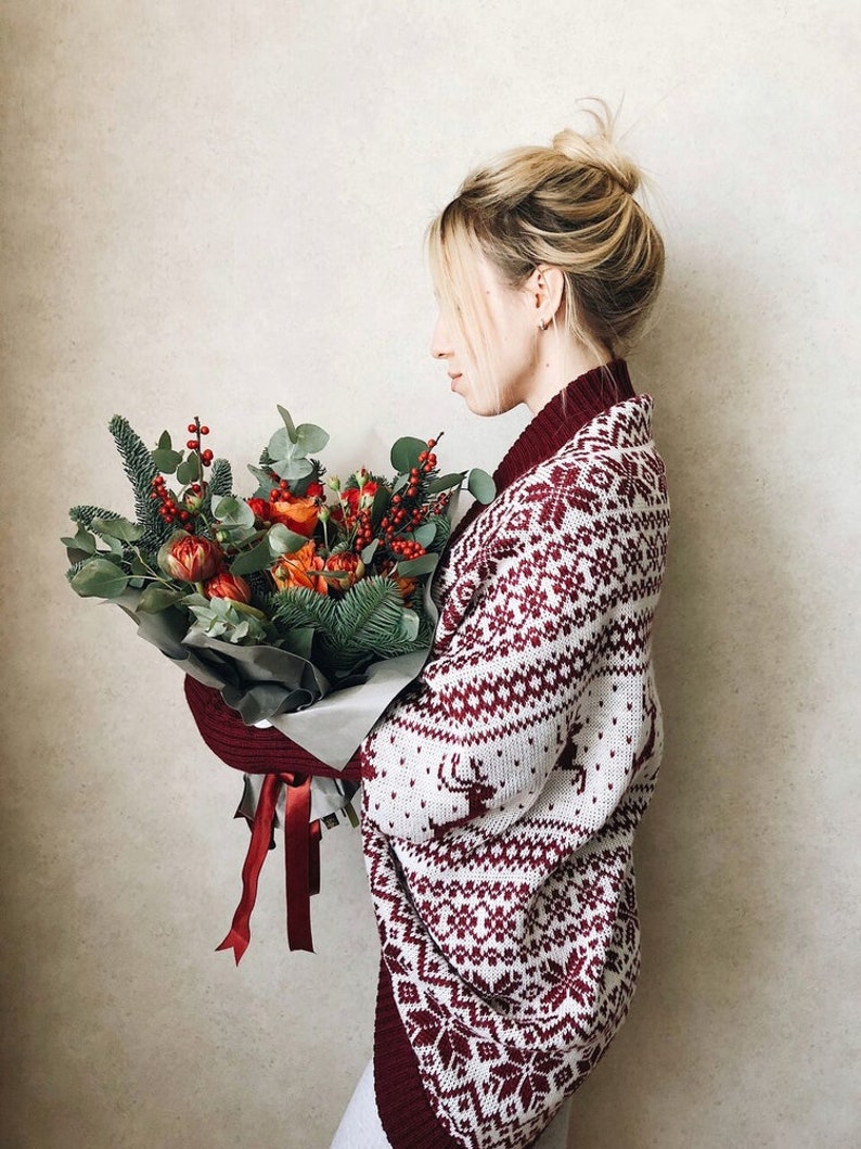 Basic clothing Knitted coat Red and White jacket Scandinavian Cardigan Chunky cardigan Oversize coat Loose knitwear Bordo Coat
