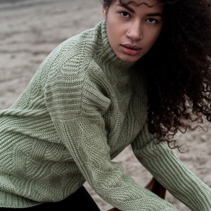 Green Wool sweater, knit jumper, Olive colour knitted top, Cable Knit sweatshirt, Light green color fall clothing, High Neck cozy sweater image 6