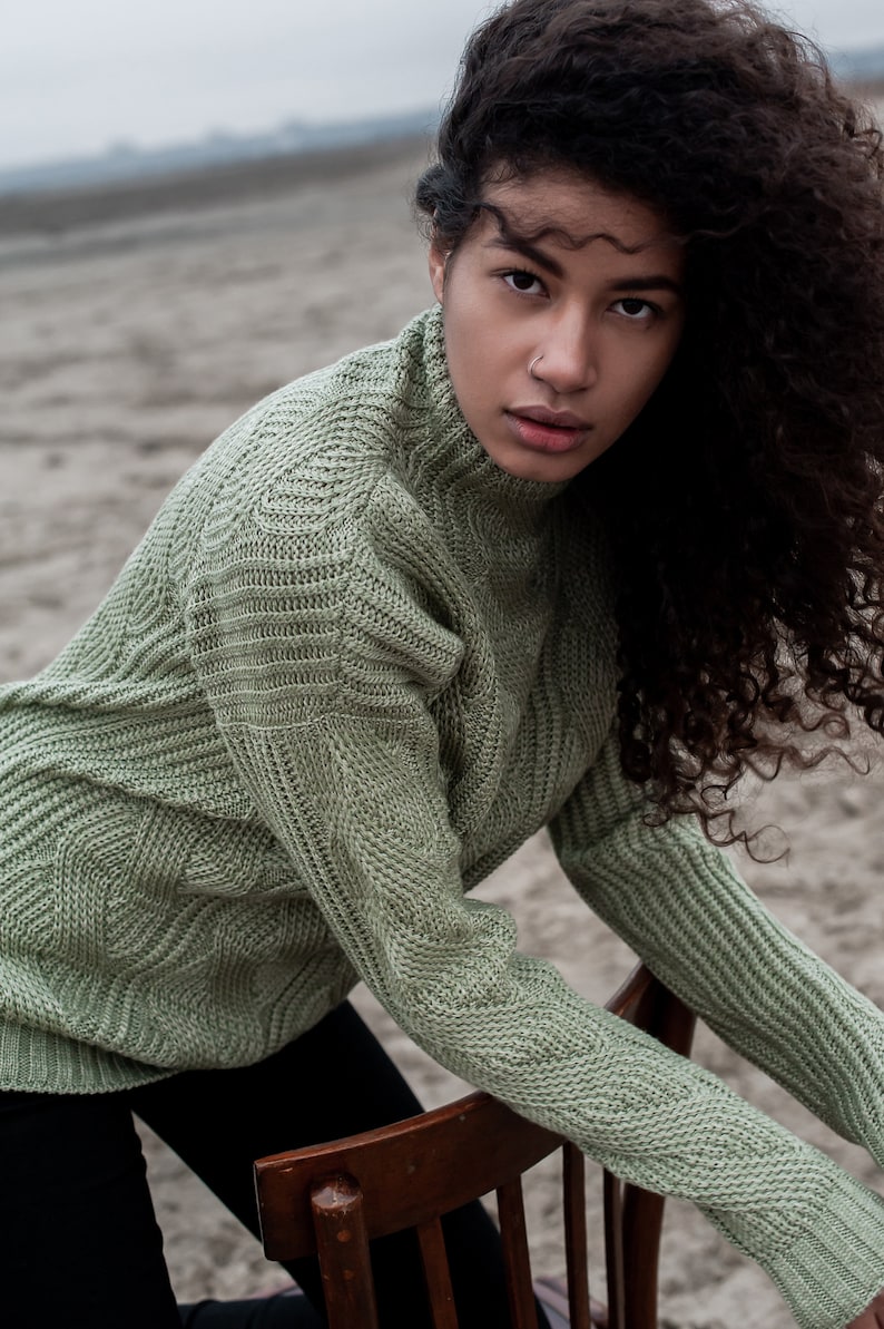 Green Wool sweater, knit jumper, Olive colour knitted top, Cable Knit sweatshirt, Light green color fall clothing, High Neck cozy sweater image 6