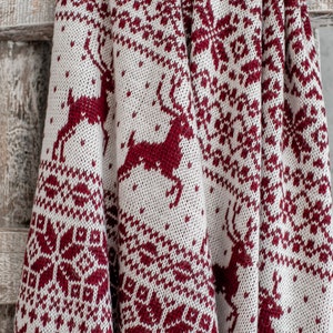 Red and white Knitted wool blanket, Christmas Gift Idea, Scandinavian Throw, Cowichan knit blanket, Nordic Holiday Home Decor.