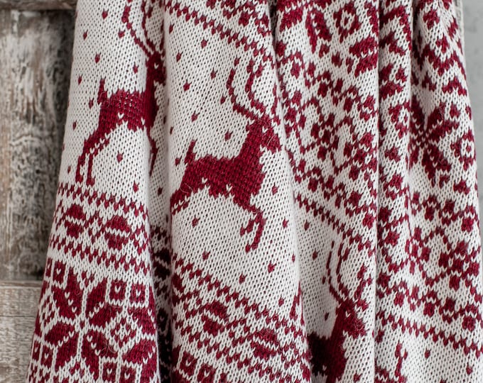 Red and white Knitted wool blanket, Christmas Gift Idea, Scandinavian Throw, Cowichan knit blanket, Nordic Holiday Home Decor.