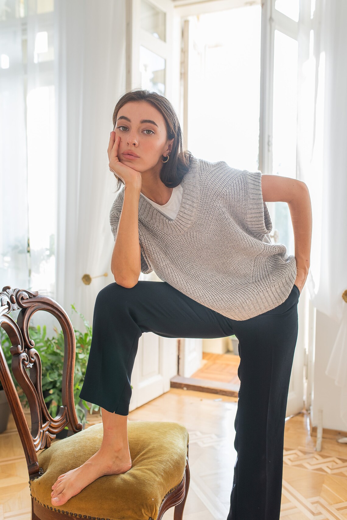 Grey Knitted Vest Loose Fit Vneck Vest Sweaters for Women Etsy UK