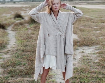 Long knit cardigan, Beige cardigan, Wool cover up, Poncho Cardigan, Boho chic clothes, Hippie cardigan, Minimal clothing