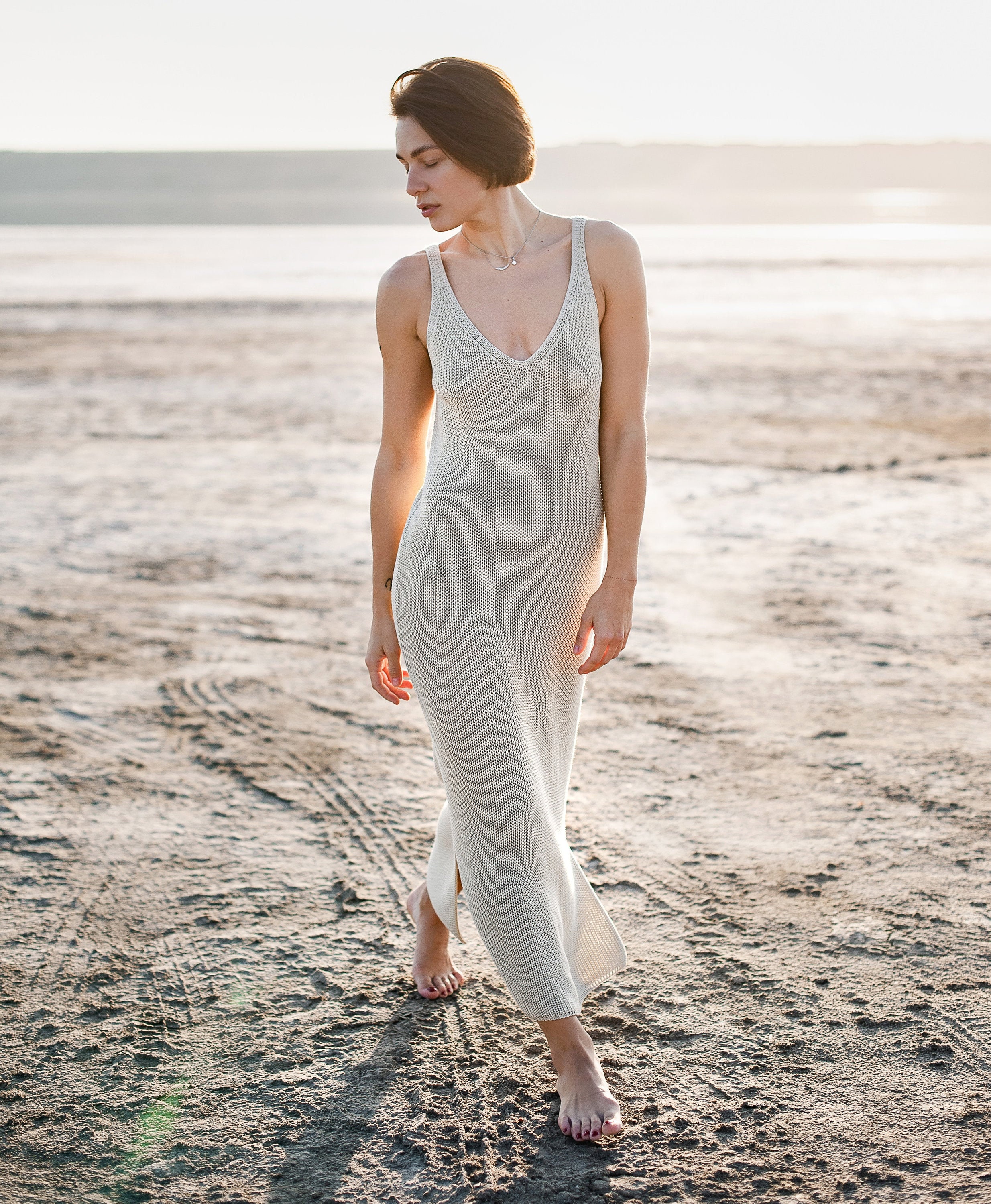 V Neck Knit Dress, Minimal Cotton Dress, Beife Tank Dress