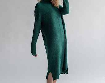 Green turtleneck dress for women, Knitted ankle length dress, clothing knit wool dress, cable knit,  long sweaterdress, winter dress