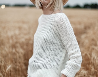 White mohair sweater, loose knit jumper, Ivory oversize off shoulder top, see through clothing, wedding cardigan, sheer sweater,