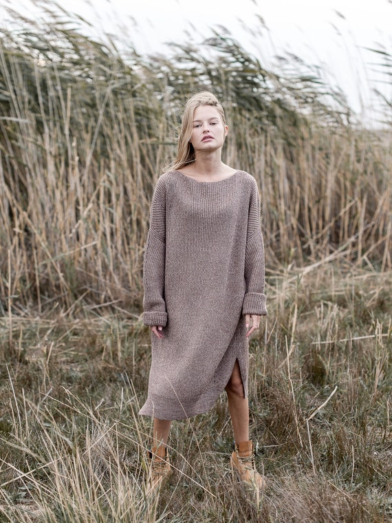 Grey boat neck dress for women, Gray knee length, clothing knit wool dress, winter spring fashion, Oversize long sweater