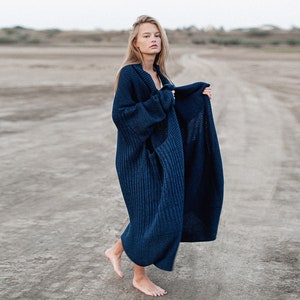 Navy oversized cardigan, Chunky cardigan for women, Dark Blue long knit cardigan