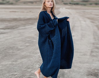 Navy oversized cardigan, Chunky cardigan for women, Dark Blue long knit cardigan