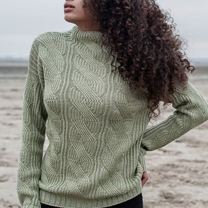 Green Wool sweater, knit jumper, Olive colour knitted top, Cable Knit sweatshirt, Light green color fall clothing, High Neck cozy sweater image 1