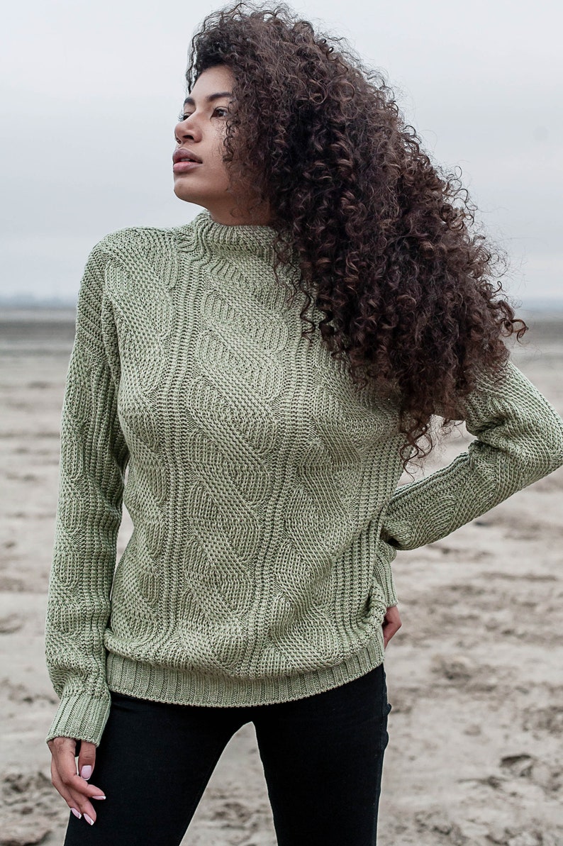 Green Wool sweater, knit jumper, Olive colour knitted top, Cable Knit sweatshirt, Light green color fall clothing, High Neck cozy sweater image 1