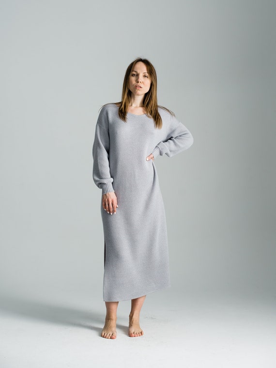 Grey Sweater Dress, Plus Size Maxi Dress, V Neck Knit Sweater Women,  Oversized Long Sweater, Plus Size Clothing, Bohemian Clothing, 