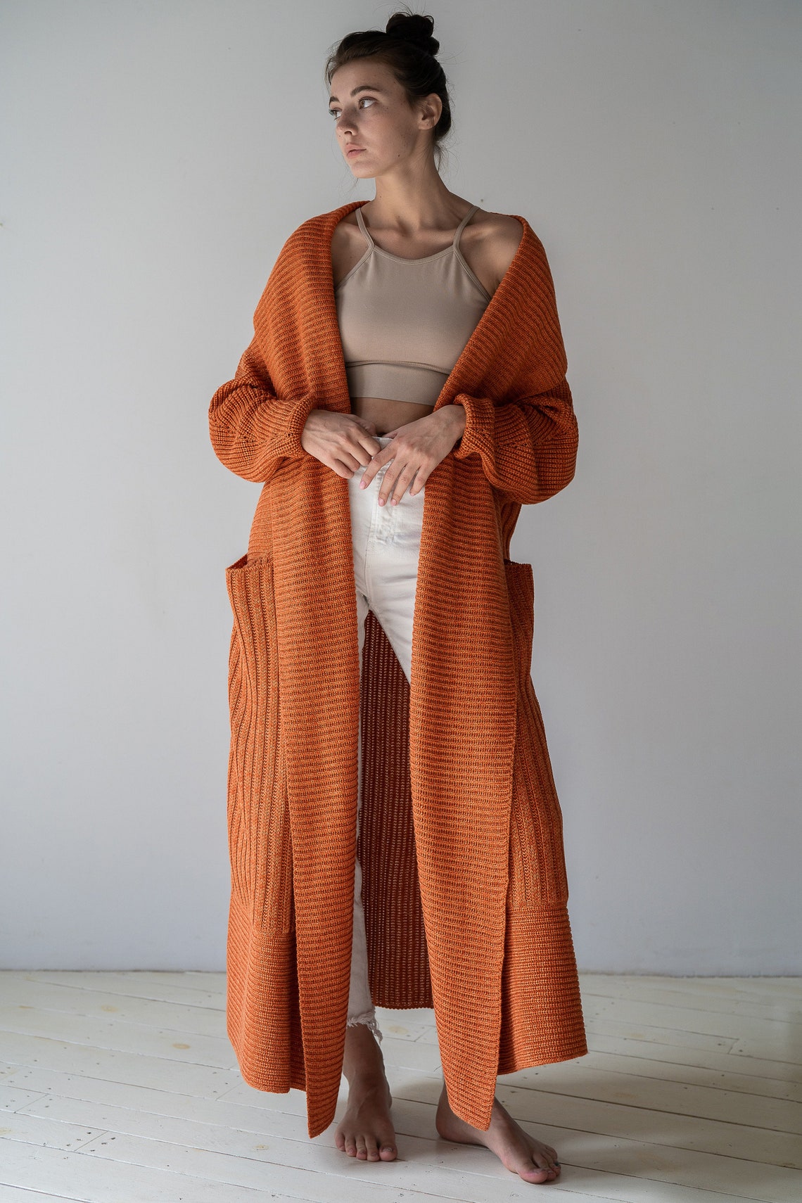 Orange Oversized Cardigan Women Long Knit Cardigan Crochet Etsy