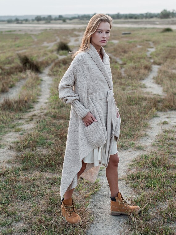 Long Knit Cardigan Beige Cardigan Wool Cover Up Poncho Cardigan